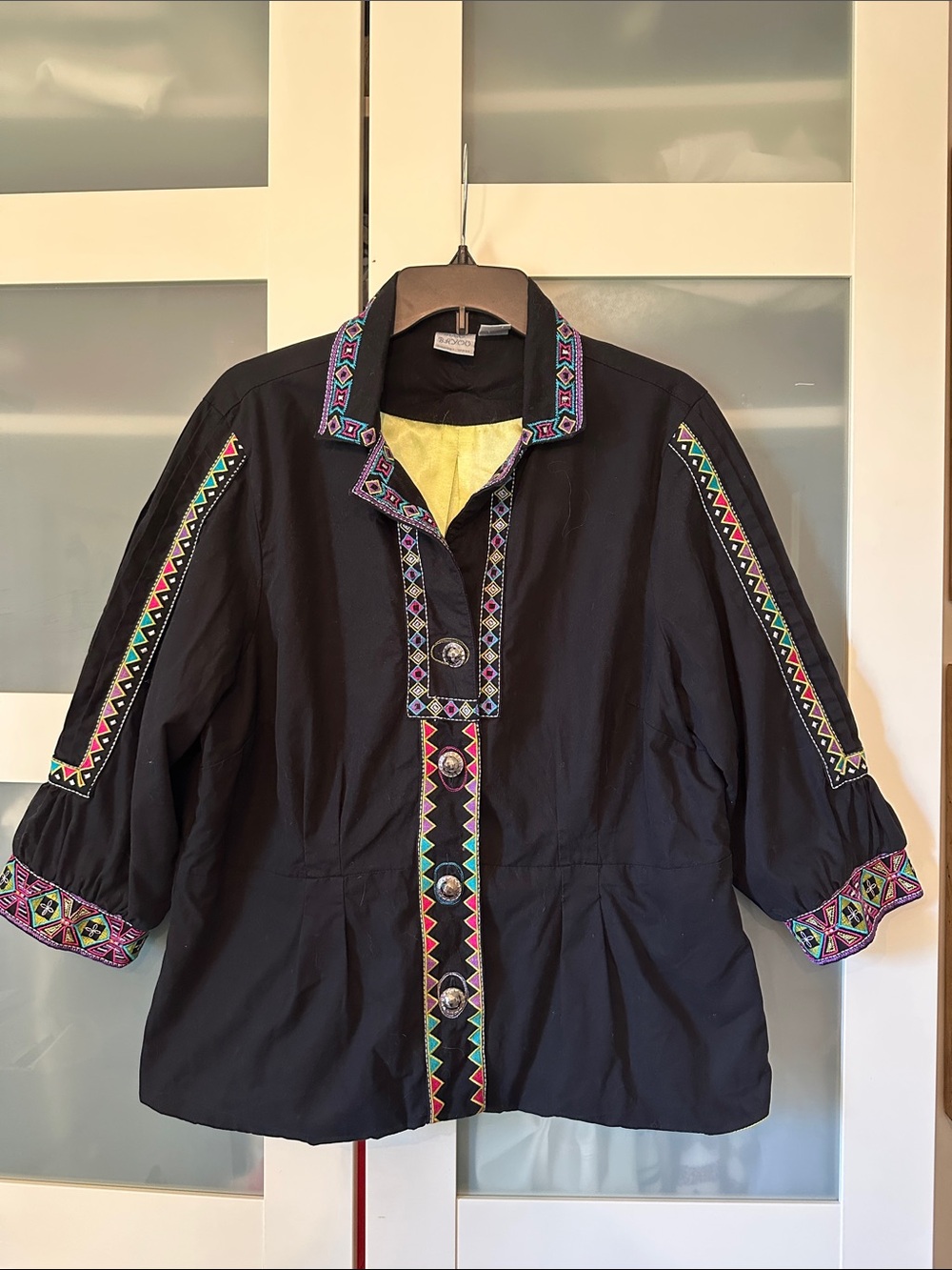 Black Utility Jacket with Colorful Embroidered Trim